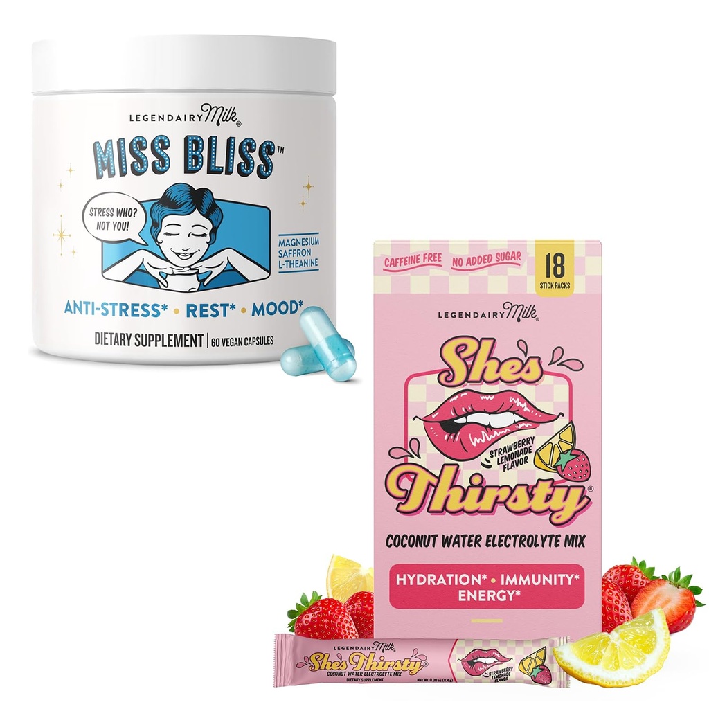 Legendairy Milk She’s Thirsty Hydration Packets, Strawberry Lemonade, 18 Count + Miss Bliss Daily Stress Support Supplement with Saffron, L-Theanine & Magnesium, 60 Capsules