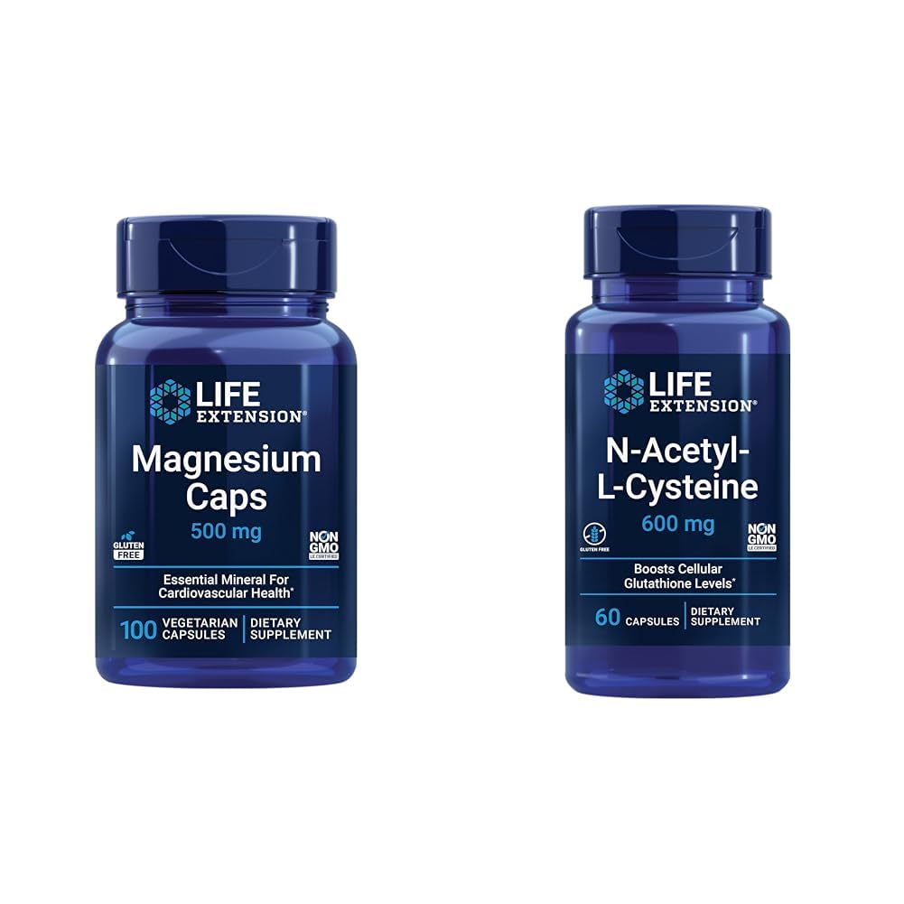 Life Extension Magnesium Caps, 500 mg, Magnesium Oxide, Citrate, Succinate, Heart Health & N-Acetyl-L-Cysteine (NAC), Immune, Respiratory, Liver Health, NAC 600 mg