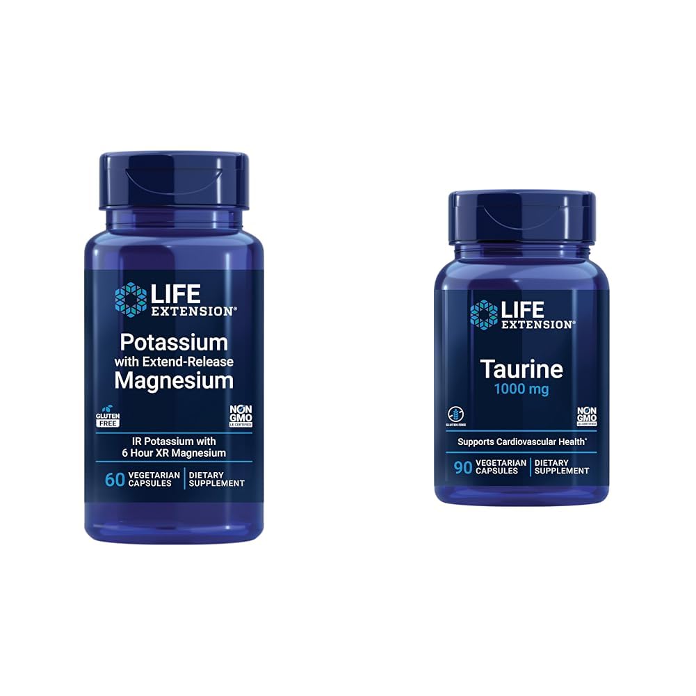Life Extension Potassium & Magnesium Heart Health Capsules Bundle with Taurine 1000mg Longevity & Exercise Supplement Capsules