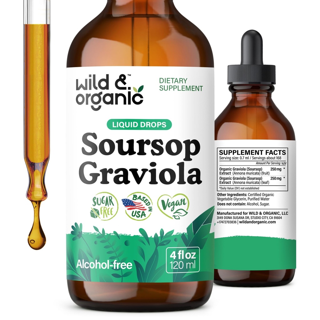 Wild & Organic Soursop Graviola Liquid Drops 500 mg - Antioxidant & Digestive Support - Alcohol-Free Graviola Extract - Guanabana Fruit & Soursop Leaves - Vegan Soursop Tincture - Sugar-Free - 4 fl oz