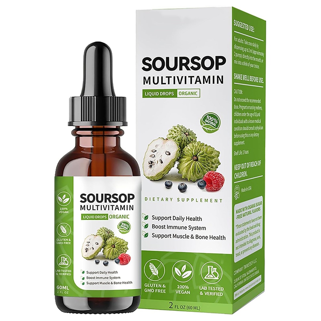 Soursop Bitters Liquid 2 Fl Oz, Soursop Graviola Leaf Extract Liquid Drop, Soursop Multivitamin Liquid Drops Organic for Cell Support, Immune System, Relax
