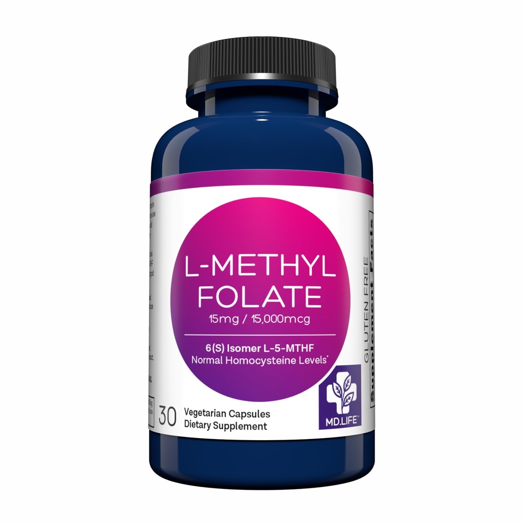 MD Life L-Methylfolat 15 mg Supplement - Professional-Grade Active L Methylfolate Supplement - 30 Kapseln - L-Methylfolat 15mg - Maximale Potenz MTHFR W/Essential Aminosäuren