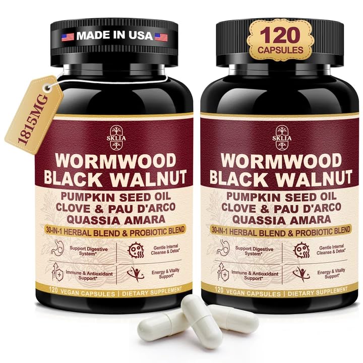 30-in-1 Wormwood Black Walnut Cleanse Capsules – Advanced Detox for Adults - Natural Gut Cleanse with Soursop, Pumpkin Seed, PAU D'Arco, Probiotic Blend,Oregano & Garlic – Vegan 120CT, 99% Absorption