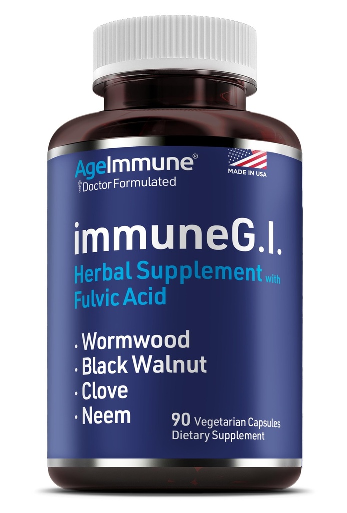 AgeImmune ImmuneG.I. Wormwood Black Walnut Clove Neem Fulvic Acid- Intestinal Cleanse Formula Doctor Formulated to Support Gut Health and Detox - No Stearates, No Dioxides – 90 Capsules