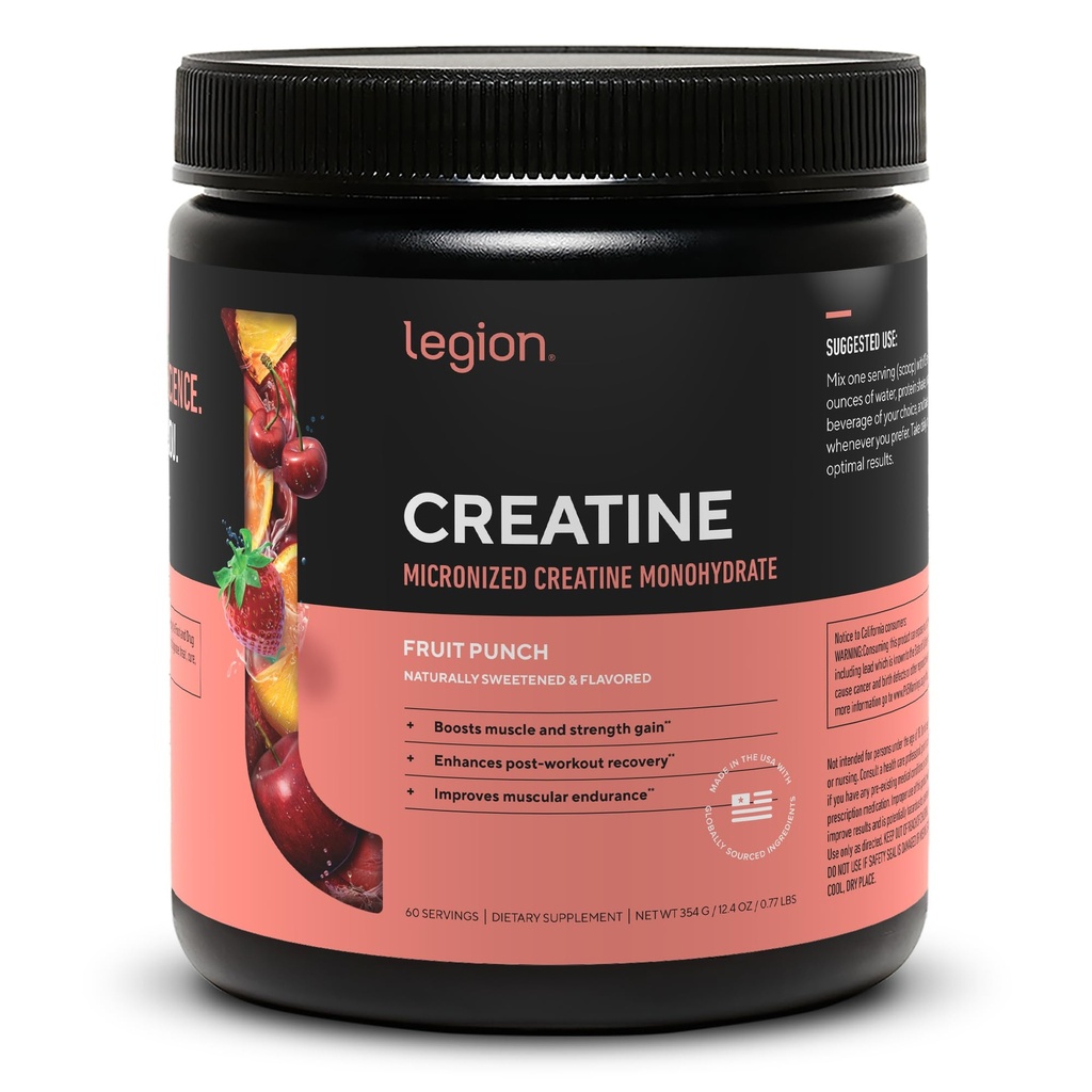 LEGION Micronized Creatine Monohydrate Supplement - Clean Creatine Powder for Muscle Gain & Post Workout Recovery - Micronized Creatine Supplement for Maximum Absorption (60 Servings, Fruit Punch)