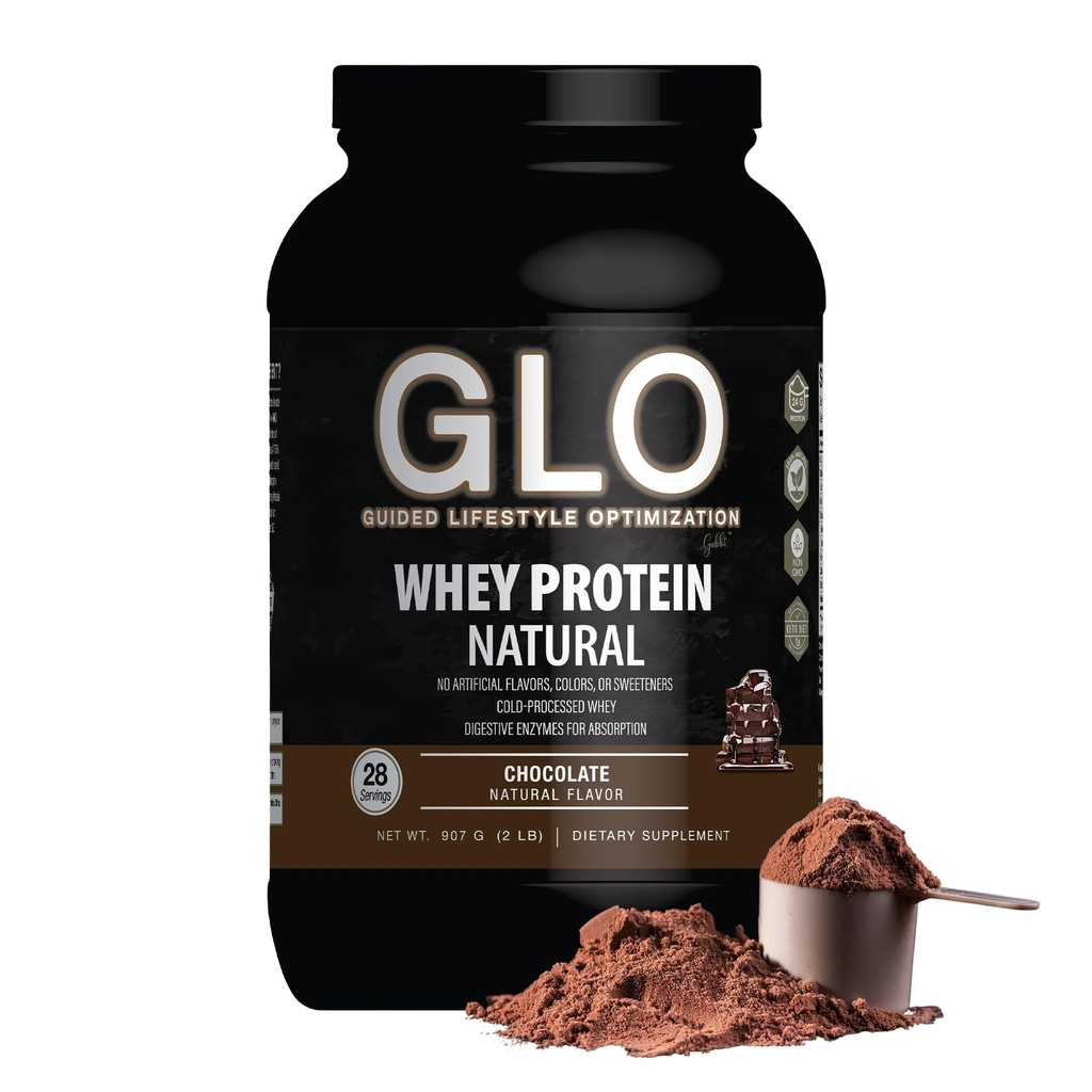 GLO Health Foods Cold Processed Whey Protein - Chocolate Flavor - 24g Protein per Serving - Whey with Digestive Enzymes & BCAAs - Supports Muscle Growth, Strength & Recovery - 2 LB (28 Servings)