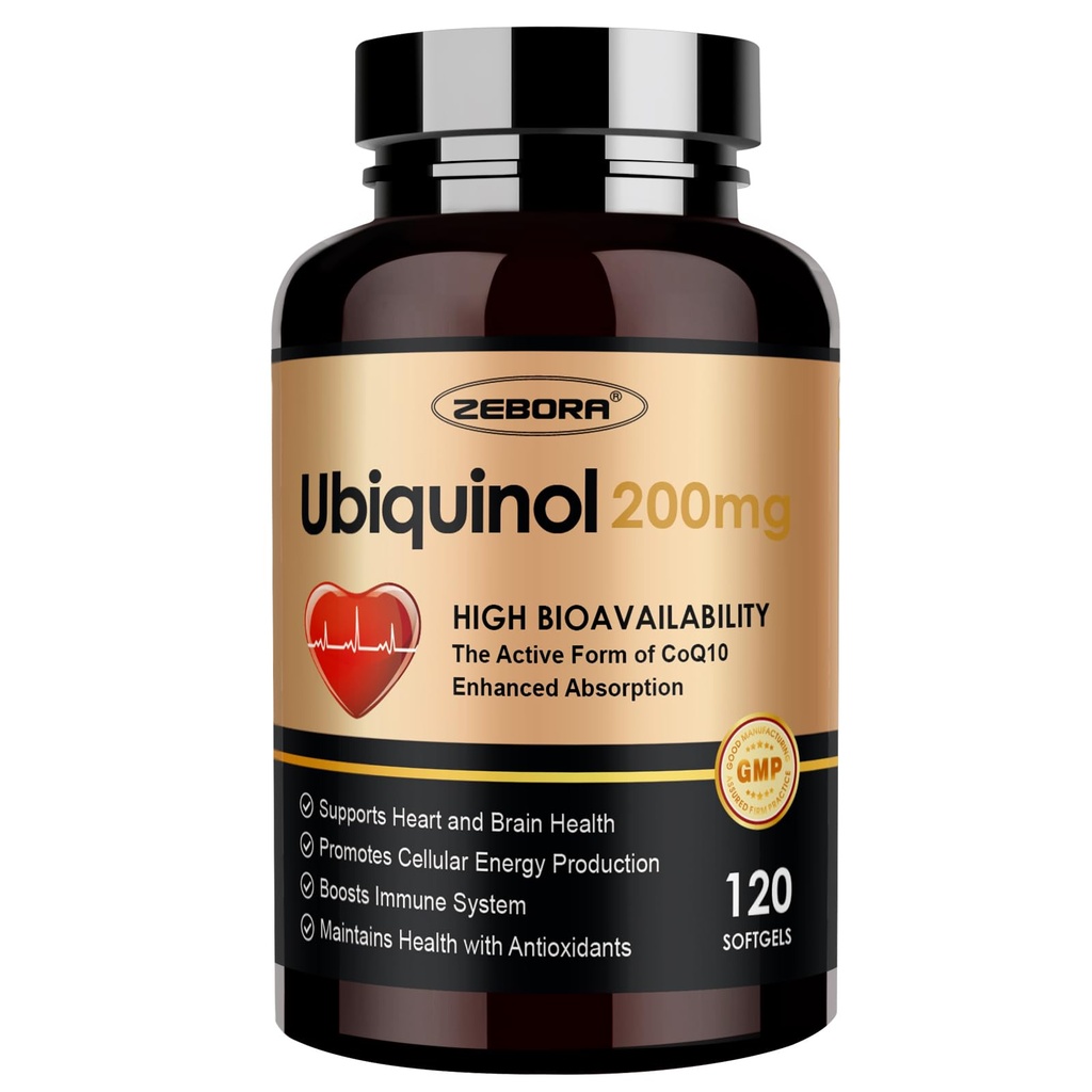 ZEBORA Ubiquinol CoQ10 200mg Softgels, 4-in-1 Powerful Antioxidant for Heart and Vascular Health, Essential for Energy Production, Max Absorption Active Form of CoQ10, 120 Softgels