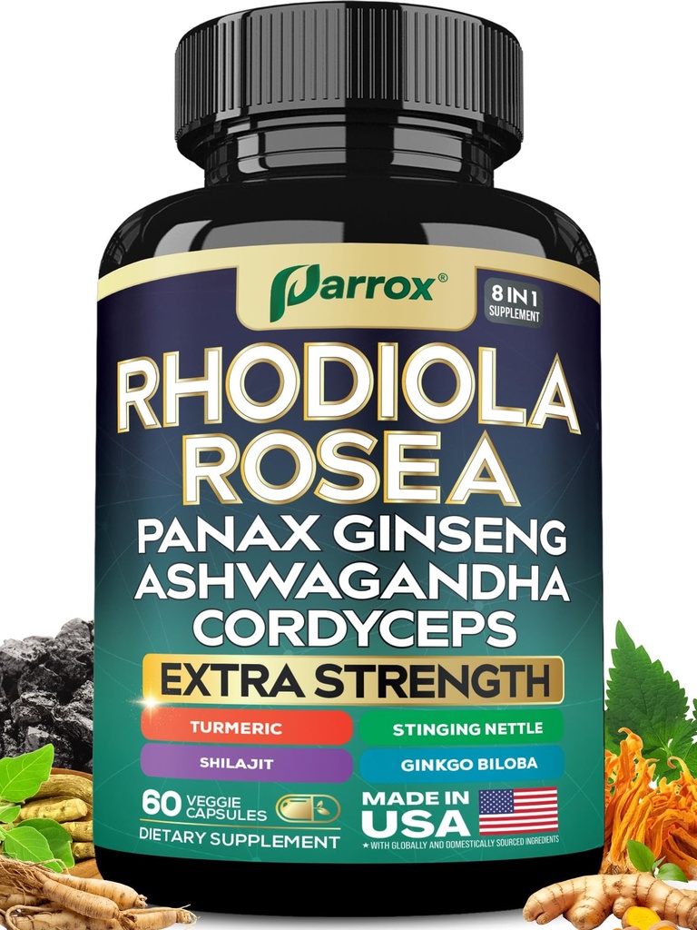 Rhodiola Rosea Panax Ginseng Ashwagandha Cordyceps Mushroom Turmeric Ginkgo Biloba Stinging Nettle Adaptogen Blend Supplement Capsules for Daily Wellness Support – 60 Capsules