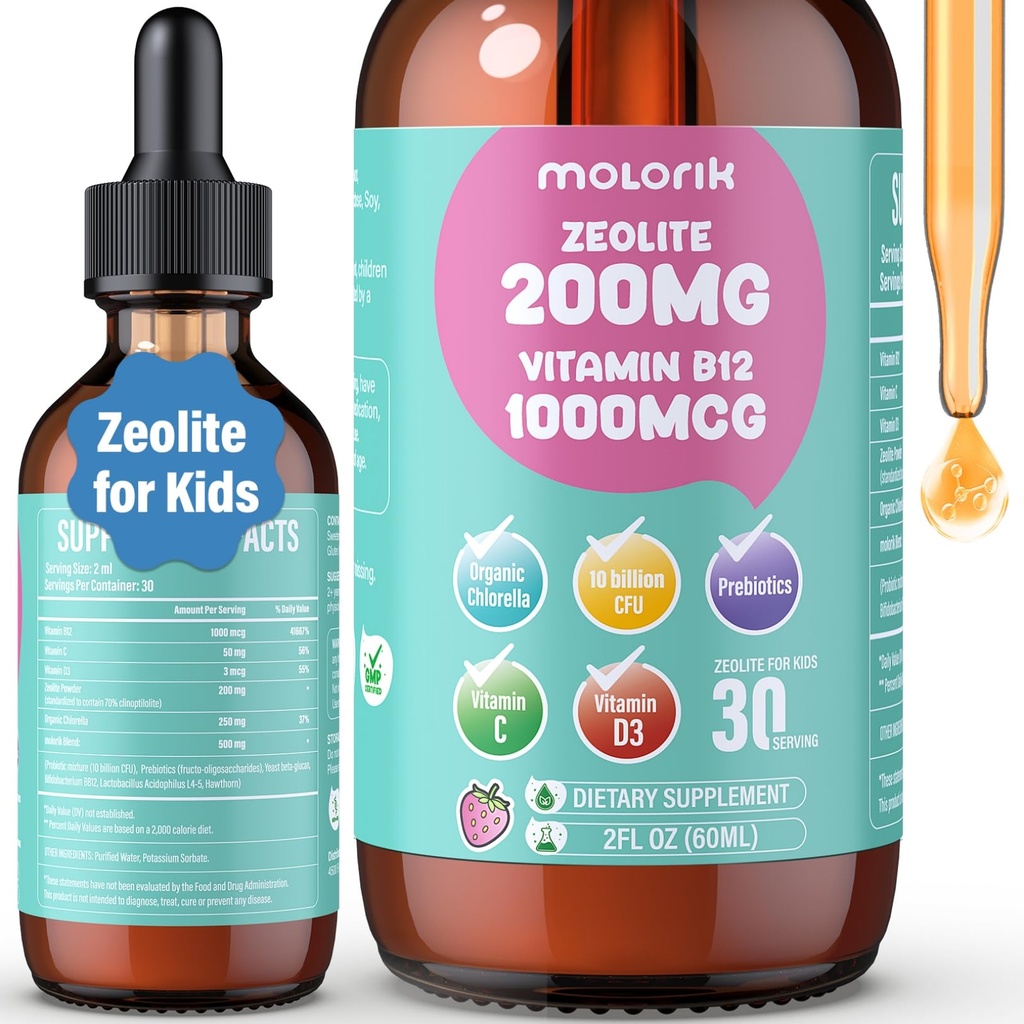 Zeolite Detox for Kids and Adults, 200mg Zeolite Liquid Drops with 1000mcg Vitamin B12, Organic Chlorella, 10 billion CFU & Prebiotics for Gut Support & Speech, Immune, Bone, Energy*, Strawberry, 60ML