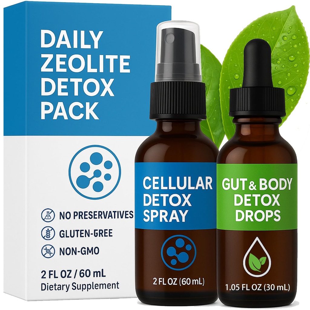 Zeolite Detox Pack for Adults, Advanced Clinoptilolite Zeolite Liquid Drops and Spray for Metal, Supports Gentle Cellular & Body Detox, Energy and Focus, Gut Cleansing, Immune System, 60 ML + 30ML