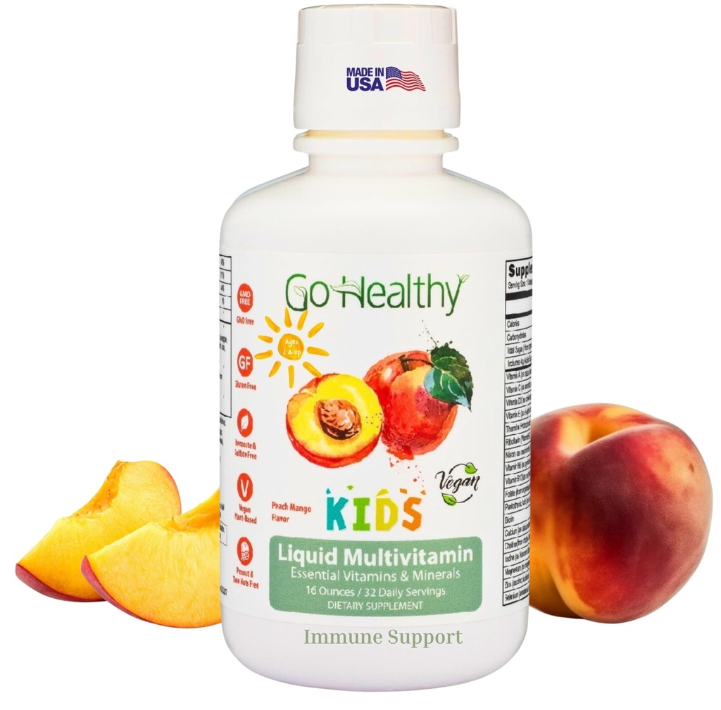 Go Healthy Kids Liquid Multivitamin, Immununterstützung, Kid Liquid Multivitamine, hohe Absorption Vegan Vitamine, Kinder Vitamine Multivitamin Peach Mango - 30-60 Servierungen