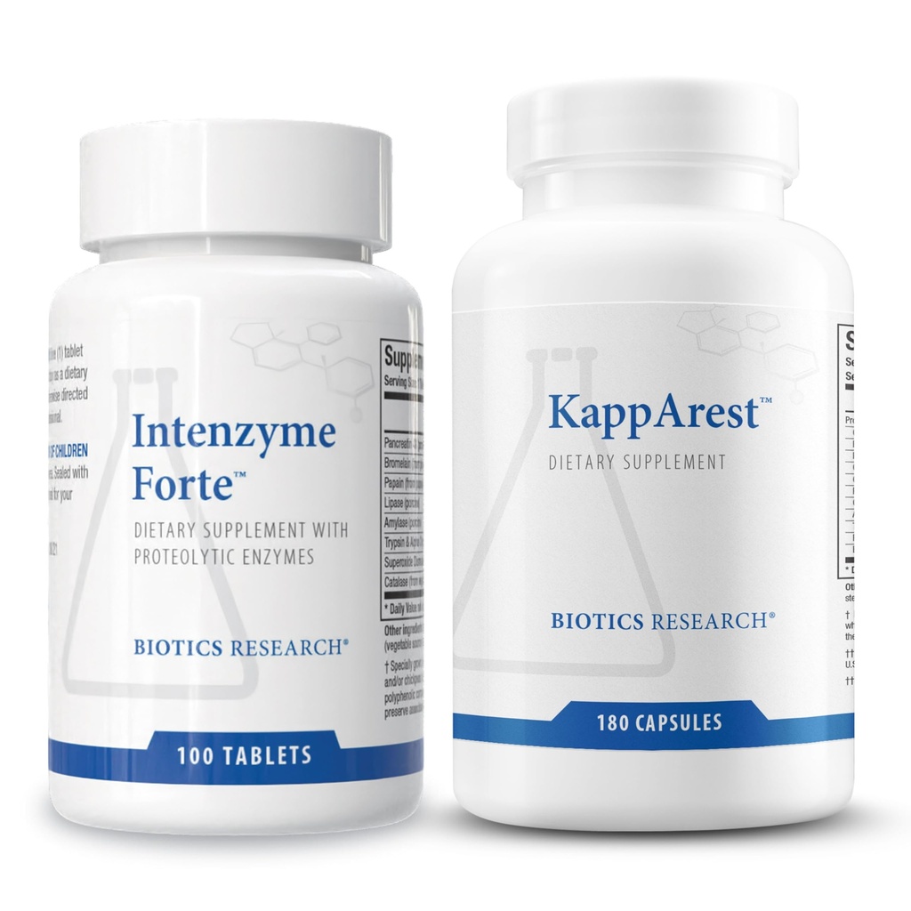 Biotics Research Intenzyme Forte™ Proteolytic Enzymes for Protein Digestion, Immune & Circulatory Support + KappArest™ Turmeric & Boswellia Antioxidant Joint Support – 100 Tabs + 180 Caps