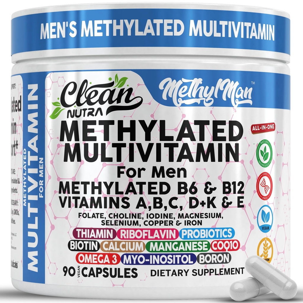 Methylated Multivitamin for Men with Vitamin B12 B6 Choline Magnesium Selenium CoQ10 Iodine Manganese Iron Boron Copper Thiamin Riboflavin Biotin Probiotics Omega 3 | Vegetarian Capsules Mens Vitamins