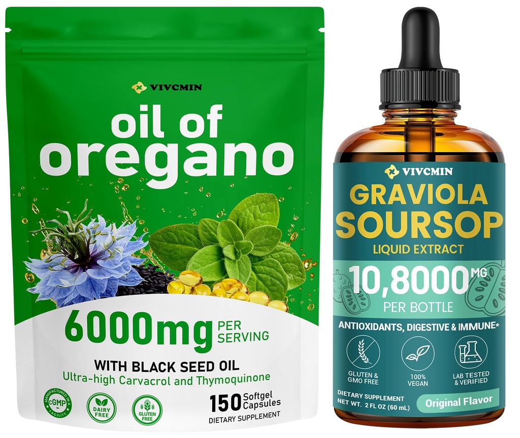 vivcmin Natural Wellness Duo: Graviola Soursop Leaf Liquid + Oregano Oil 150 Softgels | Herbal Supplement Bundle for Daily Wellness Routine | Non-GMO, Sugar & Gluten Free