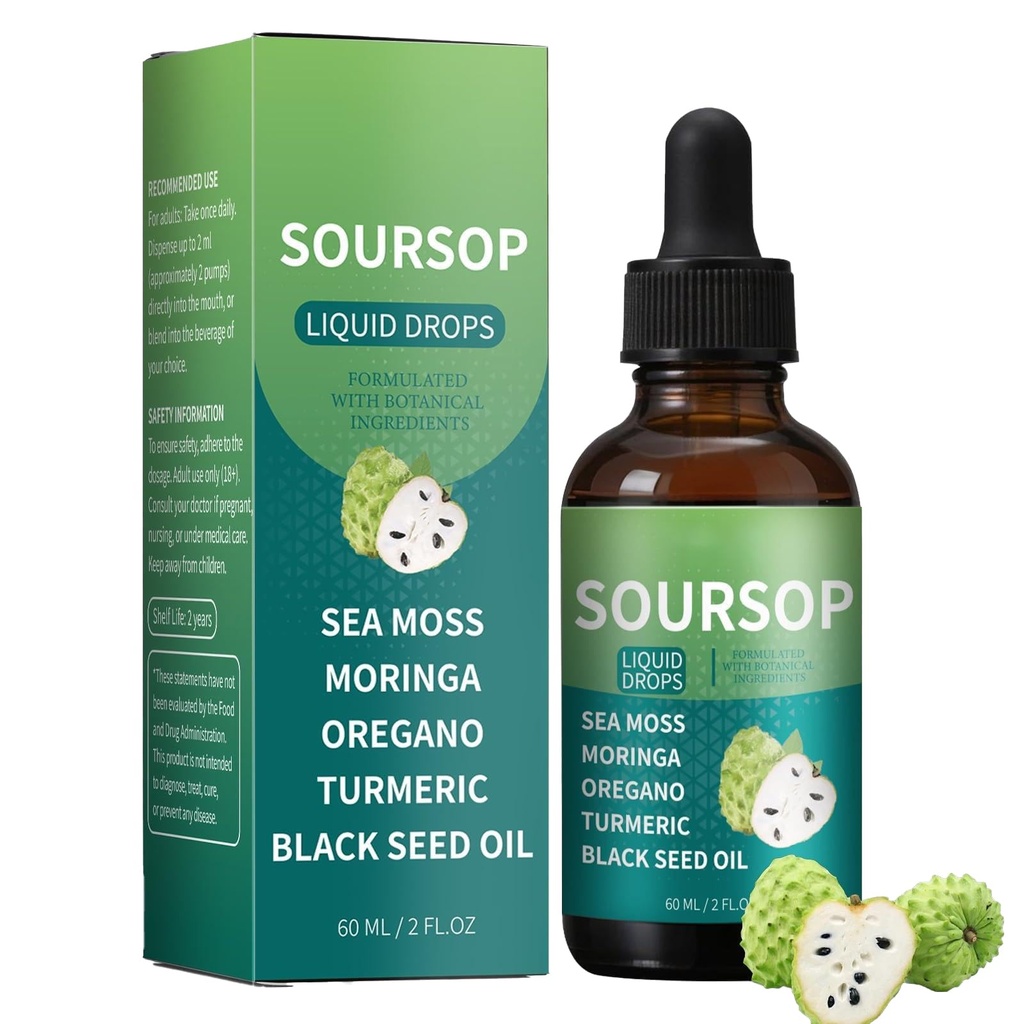 Soursop Bitters Herbal Liquid Drops with Sea Moss, Moringa, Turmeric, Black Seed Oil, Oregano, Ashwagandha, Vegan Health Supplement, 2 Fl Oz