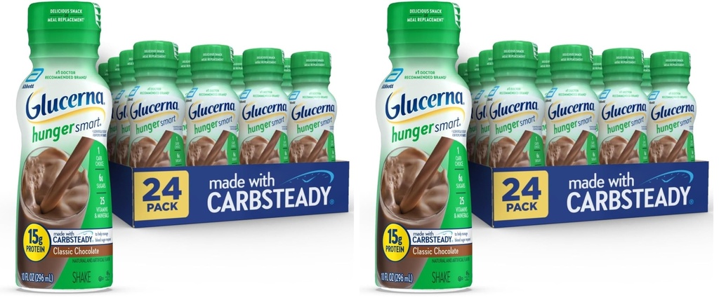 Glucerna Hunger Smart Diabetes Care Shake, Classic Chocolate, Diabetic Meal Replacement to Support Blood Sugar Management, 15g Protein, 180 Calories, Ready to Drink, 10 Fl Oz, (Pack of 48)