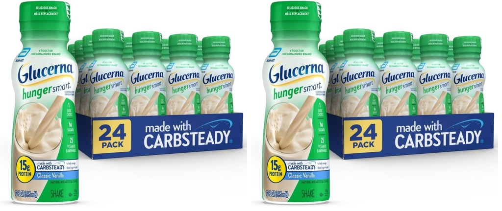 Glucerna Hunger Smart Diabetes Care Shake, Classic Vanilla, Diabetic Meal Replacement to Support Blood Sugar Management, 15g Protein, 180 Calories, Ready to Drink, 10 Fl Oz (Pack of 48)