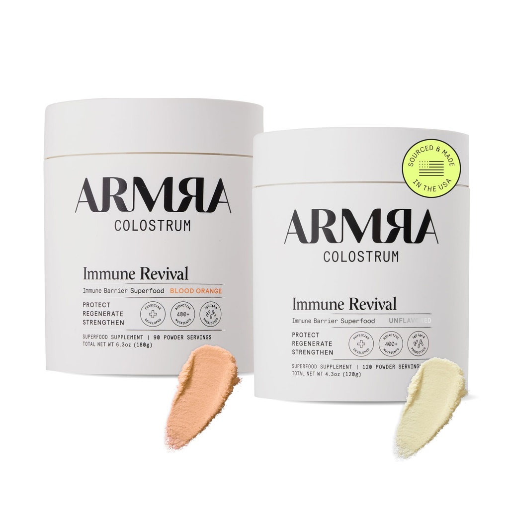 ARMRA Colostrum™ Premium Powder, Grass Fed, Gut Health Bloating Immunity Skin & Hair, Contains 400+ Bioactive Nutrients, Potent Bioavailable, Keto, Gluten & Fat Free (Unflavored and Blood Orange Jars)