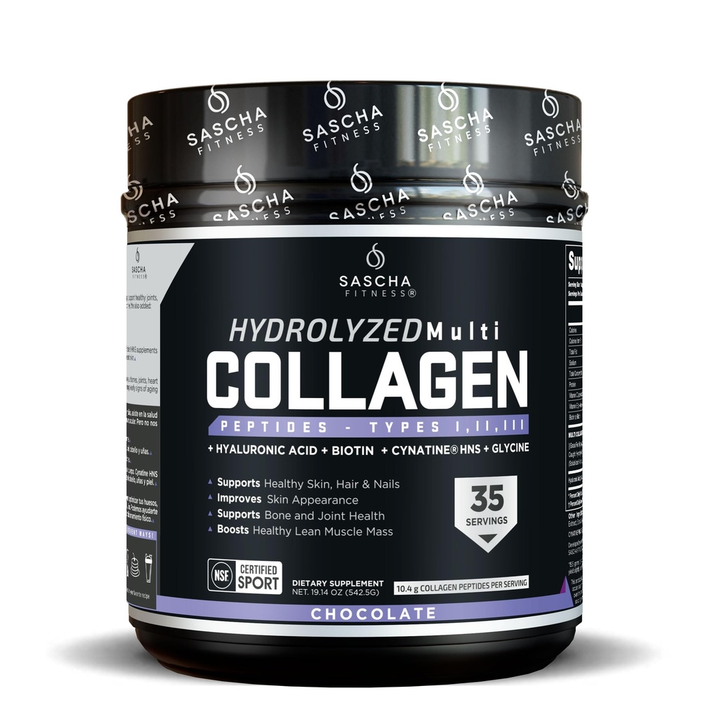 SASCHA FITNESS Hydrolyzed Multi Collagen Peptides Tipes 1,2 & 3 |Hyaluronic Acid|Biotin Cynatine HSN|Vitamin C & E |for Hairs, Skin & Bone Support|Chocolate Flavor
