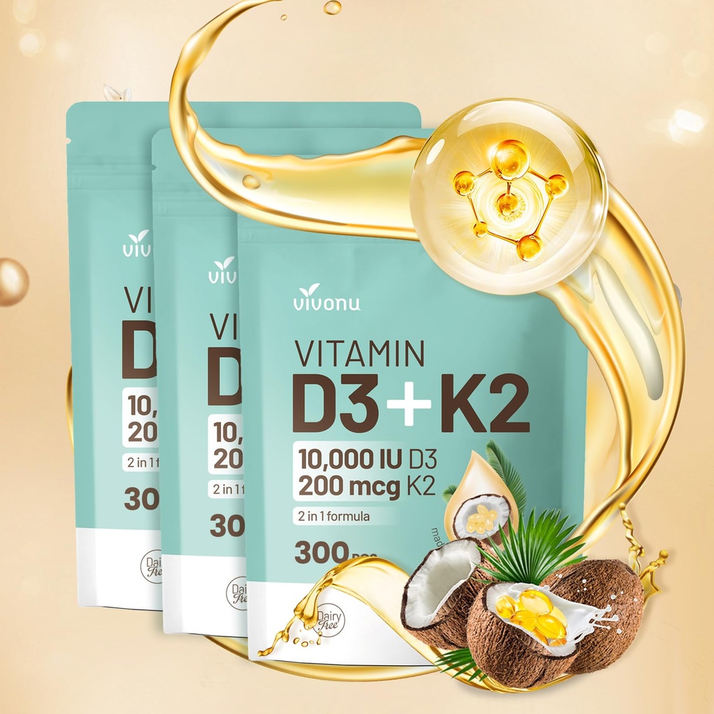 Vitamin D3 10000 iu Plus K2 (MK-7) 200 mcg, 300 Coconut Oil Softgels| 2 in 1 VIT D & K Complex | Unterstützt Kalziumabsorption, Knochen, Immune, &amp; Herzgesundheit – leicht zu schlucken (900 Softgels /3 Tasche)