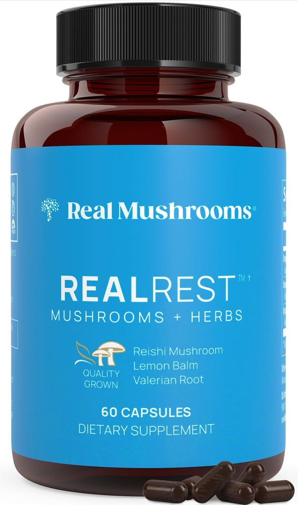 Reale Pilze RealRest Capsules – Bio Reishi Pilz und Zitronenbalsam Extrakt – Beruhigung, Achtsamkeit & Wellness Unterstützung – Vegan, Non-GMO, keine Füllstoffe – 60 Count Functional Mushroom Supplement