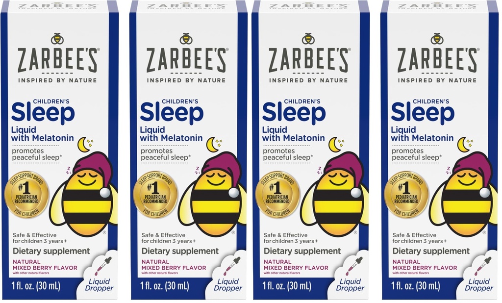 Zarbee's Kids Sleep Supplement Liquid with 1mg Melatonin; Drug-Free & Effective; Easy to Take Natural Berry Flavor for Children Ages 3 and Up; 1 Fl Oz Bottles,(Pack of 4)