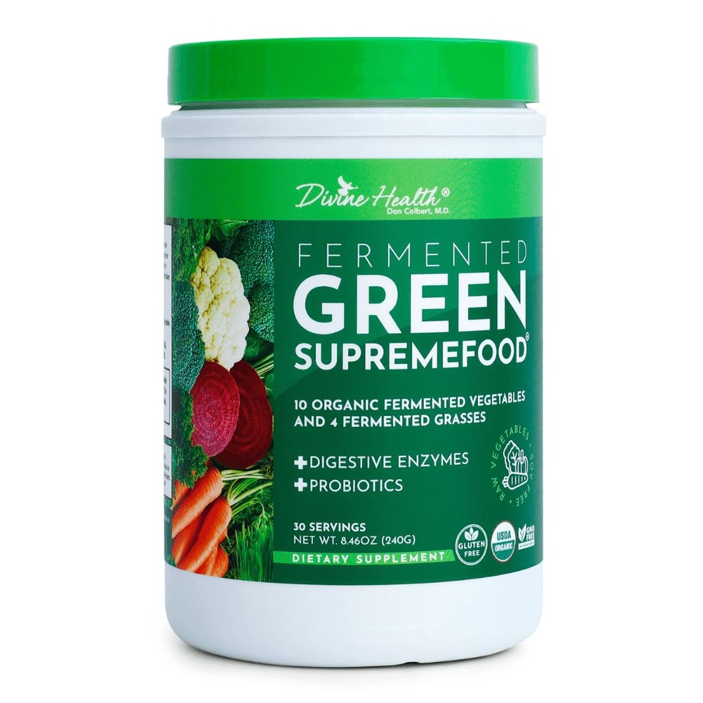 Göttliche Gesundheit gefruchtet Green Supremefood | 14 USDA Organic & Fermented Vegetables and Grasses | Probiotics | Enzymes | Apple Cinnamon Flavor | 30 Servietten | 240g