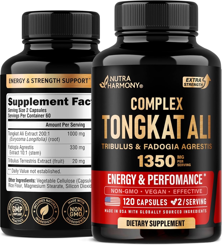 Tongkat Ali Men 1350mg Complex - Fadogia Agrestis | Tribulus Terrestris - Energie, Stärke und Leistungsunterstützung - Extra Strength 200:1 Extract - 3. Party Getestet, Made in USA - 120 Kapseln / 2 Monate