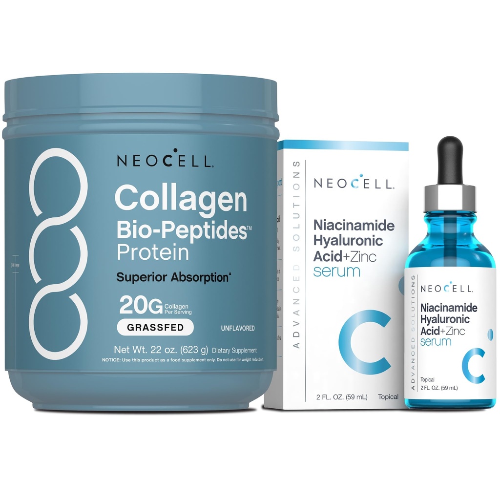 NeoCell Beauty Bundle for Women | Collagen Bio-Peptides Powder | Niacinamide Hyaluronic Acid Serum | Inside and Out Set
