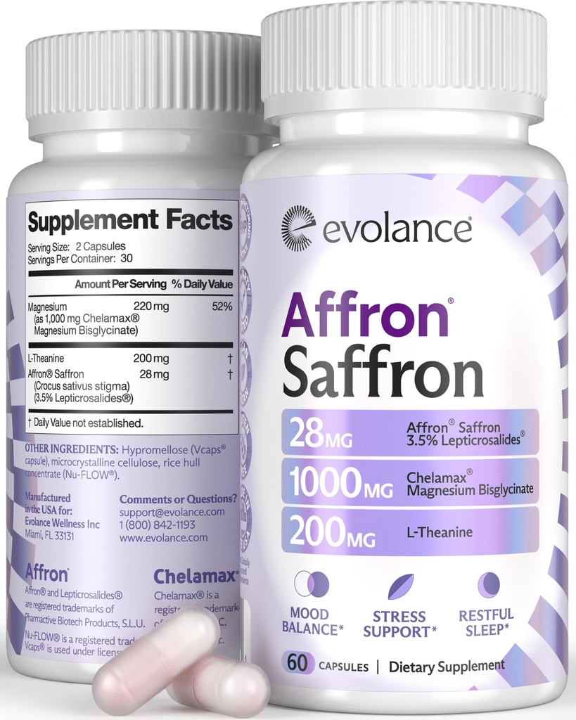 Saffron Supplements Extract for Stress & Mood Support – Affron 28mg, Magnesium Glycinate 1000mg, L-Theanine 200mg – High Absorption, Sleep & Focus Support, Melatonin-Free, 60 Veggie Capsules