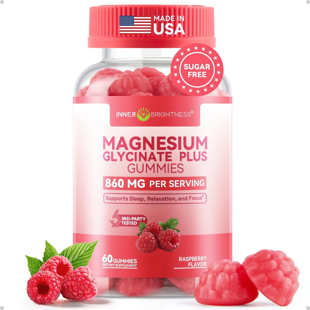 Magnesium Glycinate Gummies 860mg (100mg Elemental), Melatonin-Free & Sugar-Free Magnesium Supplement for Adults & Kids 4+, Supports Restful Sleep, Muscle Recovery & Calm Mood, Raspberry, 60 Count