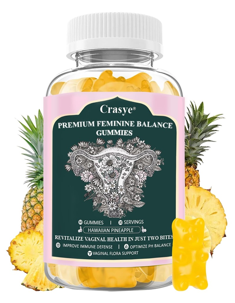 Premium Feminine Balance Gummies PH Balance Vaginal Health Gummies Probiotics Hawaiian Pineapple Female Gummy for Women Private Area - 60 Gummies - 30 Servings