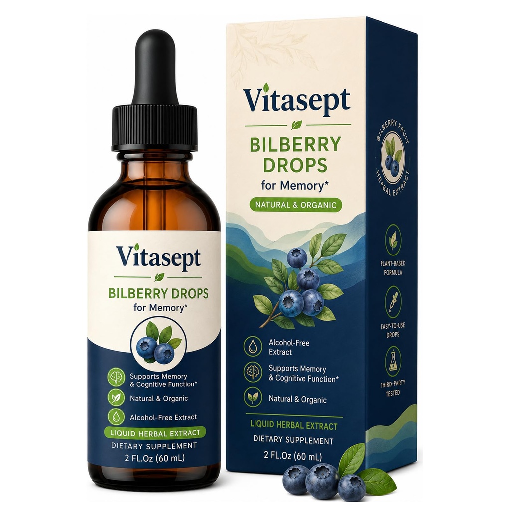Vitasept Bilberry Drops for Memory, Natural & Organic Alcohol-Free Extract, Bilberry Fruit Liquid Herbal Extract, 2 Fl.Oz