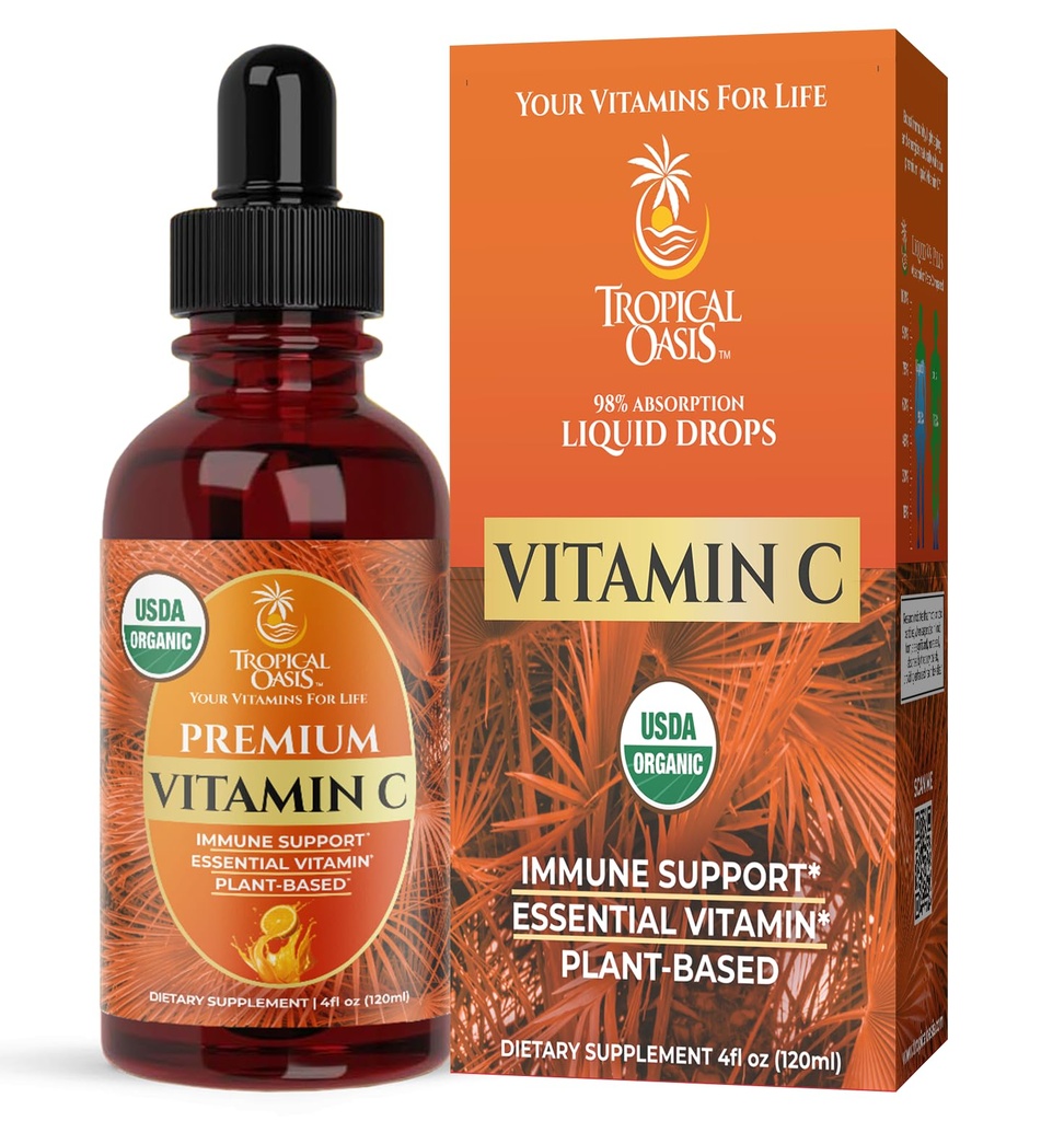 Tropical Oasis USDA Organic Liquid Vitamin C Drops for Adults & Kids | Supports Healthy Immune System | 98% Absorption Rate | Vegan | Non-GMO | Gluten Free | 60 Servings
