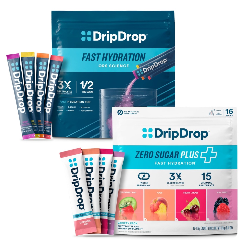 DripDrop Hydration - Zero Sugar Plus & Bold Variety - Electrolyte Powder Drink Mix - Strawberry Kiwi, Peach, Cherry Limeade, Wild Berry, Watermelon, Orange, Berry, Lemon - 48 Sticks