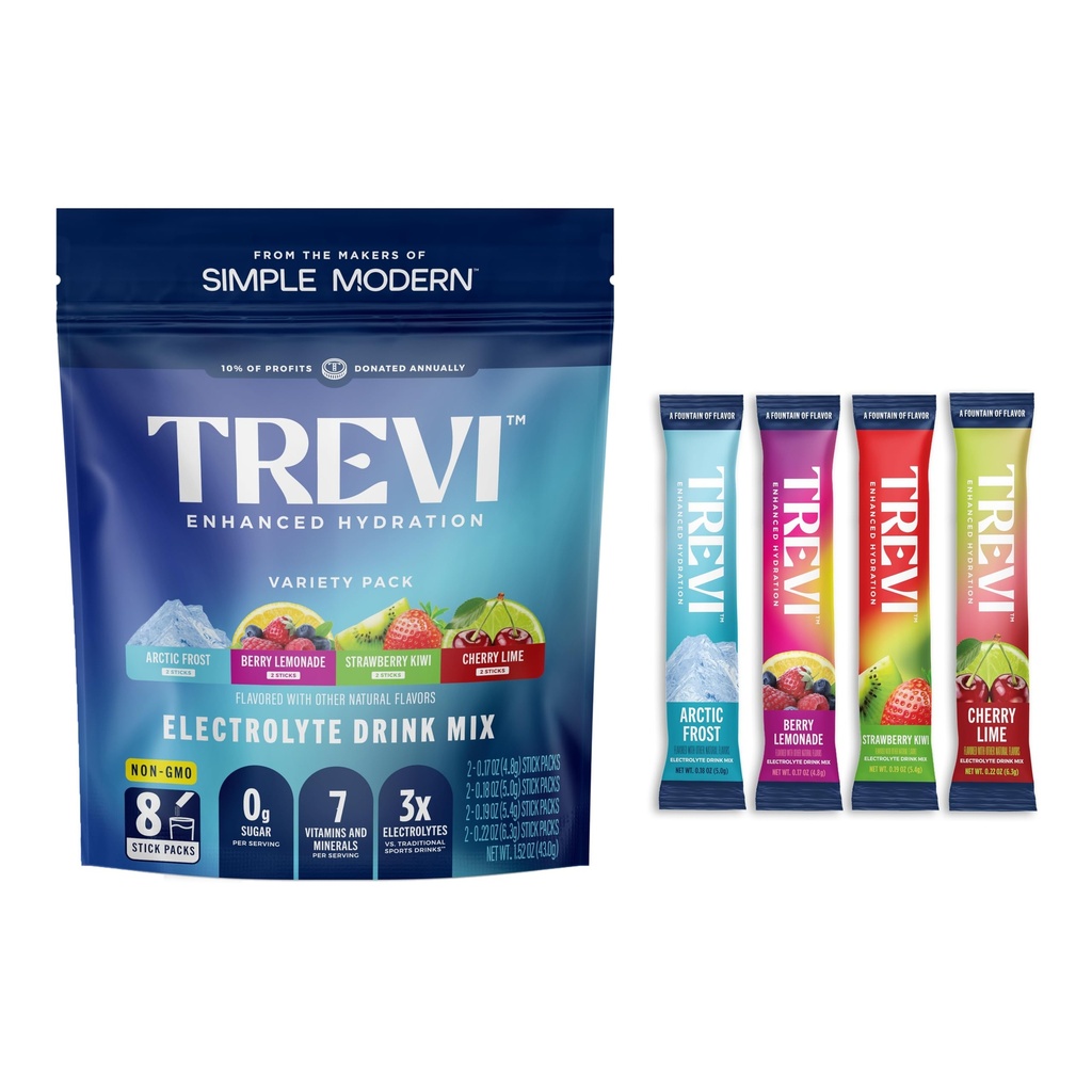TREVI™ Everyday Sugar Free Electrolytes - Essential Drink Mix Hydration Powder Packets - 8 Count - Favorites Variety Sample Pack - Cherry Lime, Strawberry Kiwi, Berry Lemonade, Arctic Frost