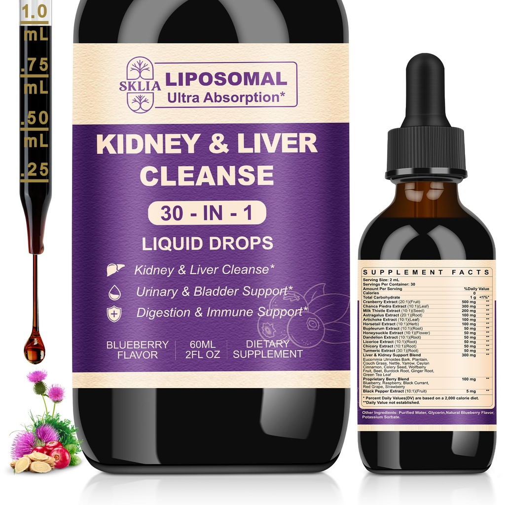 30-in-1 Kidney Cleanse Detox & Repair Drops with Cranberry Extract, Milk Thistle & Chanca Piedra, Vegan Kidney Support Supplement for Urinary Tract & Liver Support | Blueberry Flavor