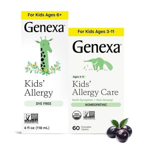 Genexa Kids Allergy Bundle | Powerful OTC Medicine + Gentle Homeopathic Remedy | Antihistamine, Relieves Runny Nose, Sneezing & Itchy Eyes | Organic Acai & Agave Flavors | Ages 6+