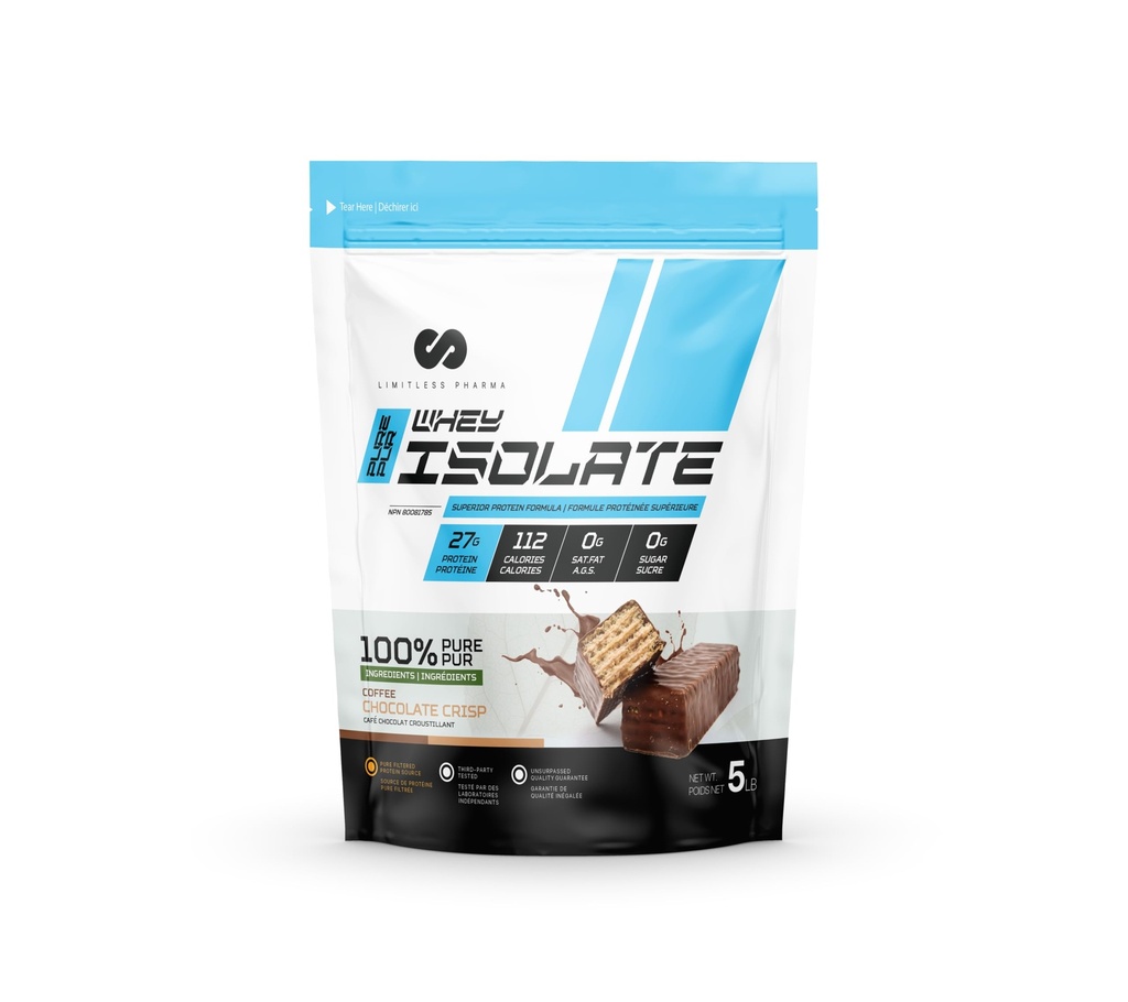 Limitless Pharma Pure Whey Isolate | High Protein Whey Isolate Protein Powder | 27g Protein, 6g BCAAs, Sugar Free, Gluten Free, Low Carb, Low Lactose | 74 Servings, 5LB (Coffee Chocolate Crisp)
