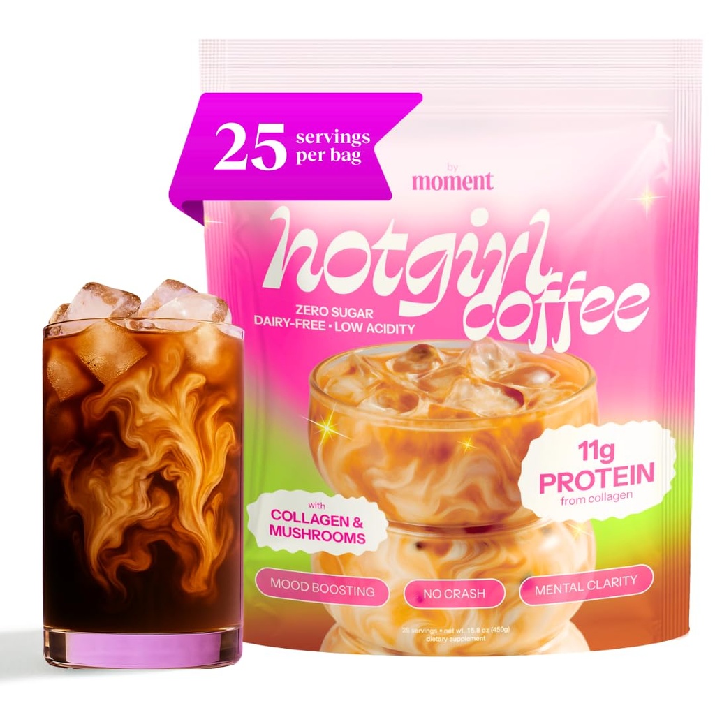 Moment Hot Girl Mushroom Coffee with Collagen Protein & Creatine – Low Acidity Instant Coffee with Chocolatey Notes, Lion’s Mane, Reishi & L-Theanine for Energy, Focus & Mental Clarity – 25 Servings