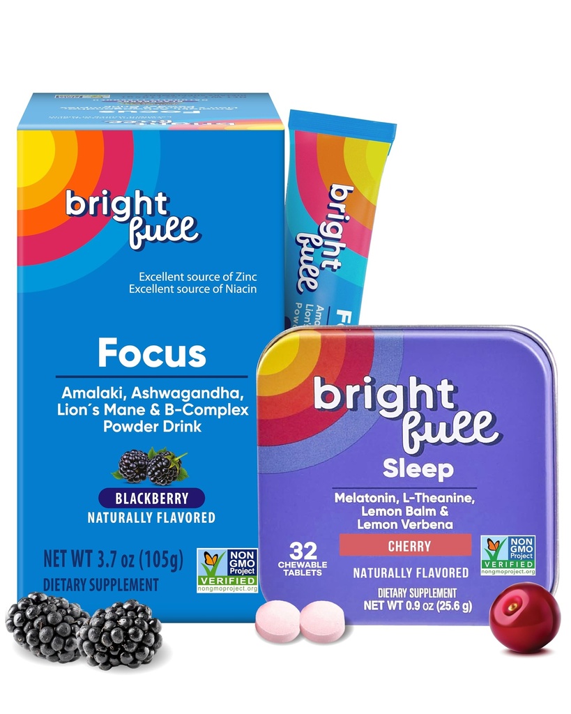Focus Drink Mix with Ashwagandha, Lion’s Mane & B Vitamins, BlackBerry Flavor, 21 Day Supply Sleep Aid with Melatonin & Herbs, Cherry, 32 Tablets