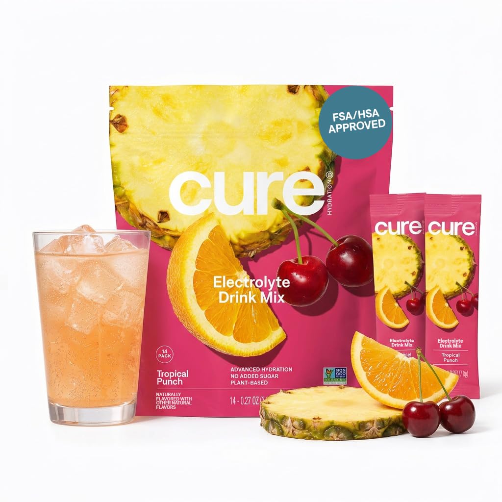 Cure Hydration | Pflanzenbasierte Elektrolyt-Getränk-Mix | Kein hinzugefügter Zucker | FSA-HSA | Dehydratation Relief Pulver mit Kokoswasser hergestellt | Non-GMO | Vegan | Beutel von 14 Packungen - Tropical Punch