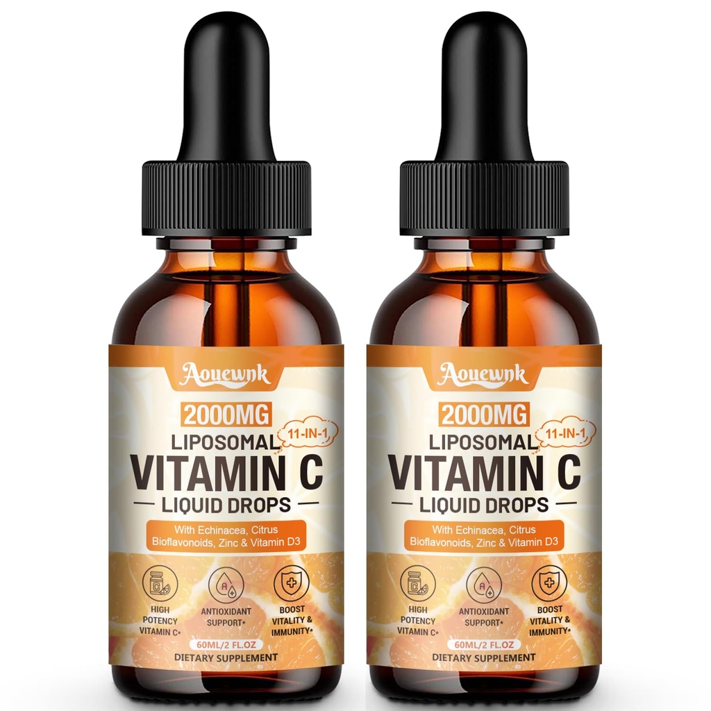 2 Packs Liposomal Vitamin C 2000mg Liquid Drops, 11-in-1 High Absorption VC Complex with Rose Hips, Echinacea, Citrus Bioflavonoids, Zinc, Vitamin D3 & Collagen, Suppost Antioxidant & Immunity,4 Fl Oz