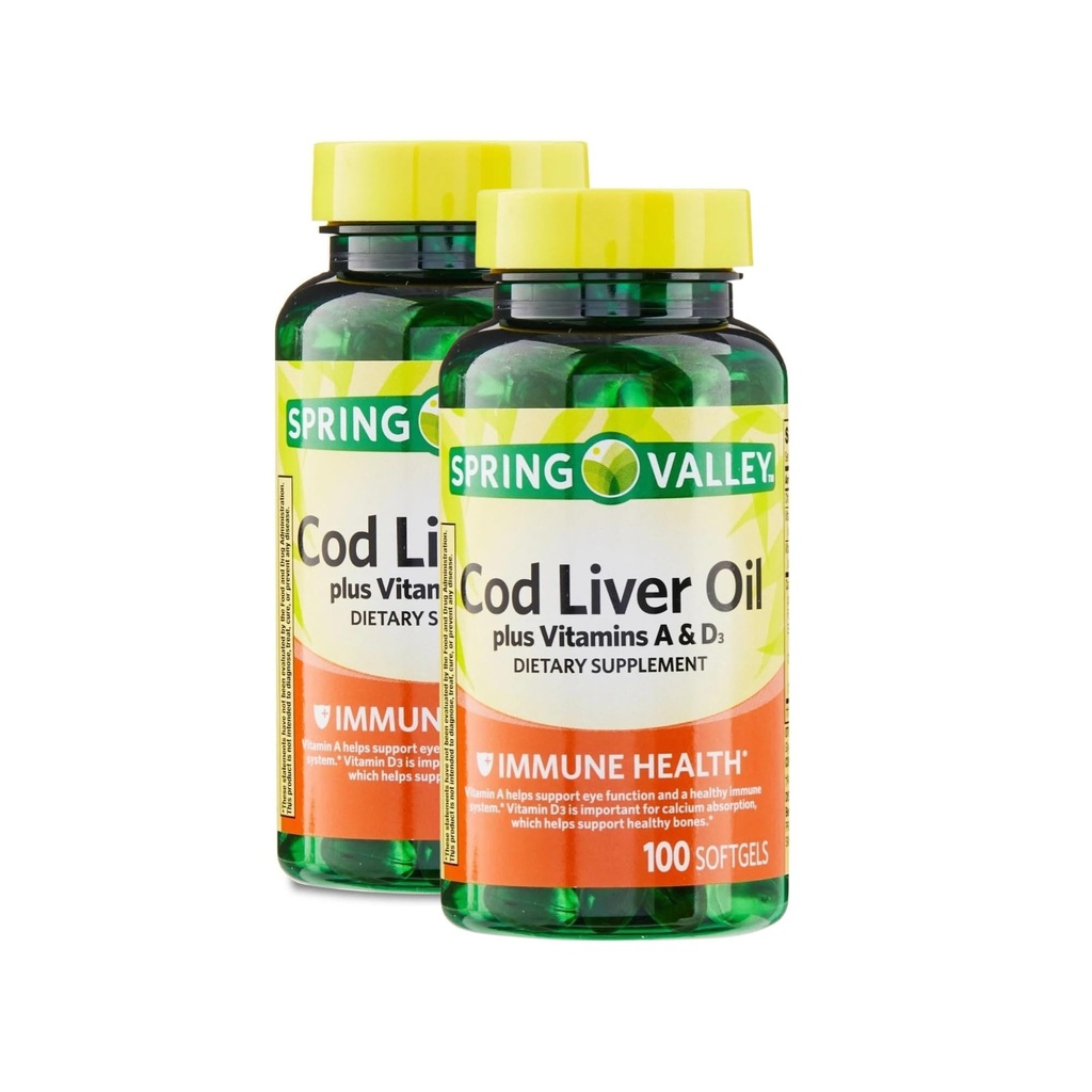 Cod Liver Oil Plus Vitamins A & D3, 100 Softgels - Dietary Supplement (Pack of 2)