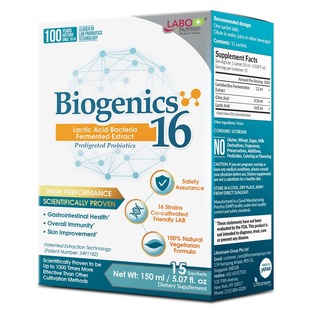 LABO Nutrition Biogenics 16–Lactic Acid Bacteria Fermented Extract, 1000x Mehr Effektive, Gut Health Support Beyond Probiotics & Prebiotics, Verbesserung der Darmhaut und Immune Health, 10mlx15 Beutel