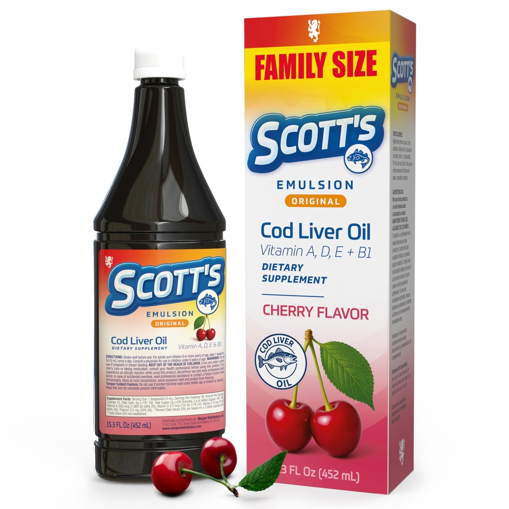 SCOTT'S EMULSION Cod Liver Oil Liquid – Cherry Flavor – Family Size – Supports Growth, Immunity & Bone Health – Rich in Omega 3 & Vitamins A+D – Easy-to-Take Fish Oil for Kids & Adults – 15.3 Fl Oz
