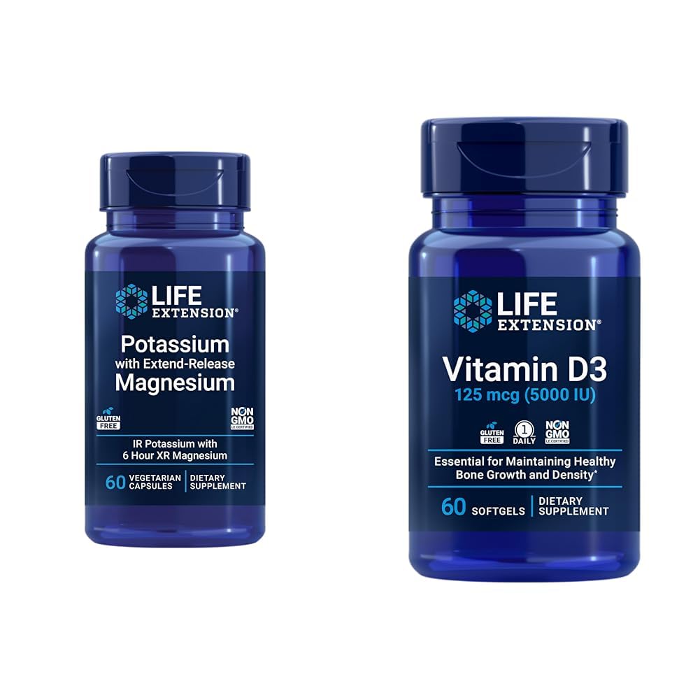 Life Extension Potassium Magnesium Heart Health Supplement Bundle with Vitamin D3 5000 IU - 60 Capsules and 60 Softgels