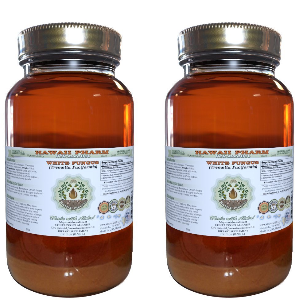 Hawaii Pharm White Fungus Alcohol-Free Liquid Extract, White Fungus (Tremella Fuciformis) Dried Mushroom Glycerite Natural Herbal Supplement, 2x32 fl.oz
