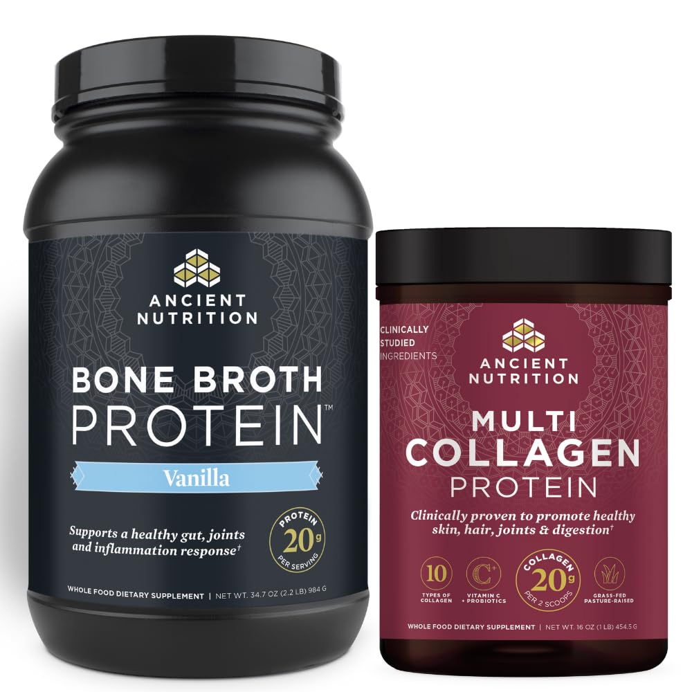 Antike Ernährung Knochen Broth Protein Pulver, Vanille, 40 Servierungen + Multi Collagen Protein Powder, Unflavored, 45 Servierungen