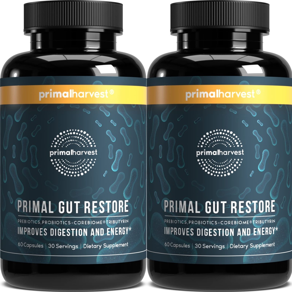 Primal Harvest 2 Pack, Restore für Gut Health, Primal Gut Restore w/POSTbiotics, PREbiotics und PRObiotics für Frauen und Männer, 60 CT - Digestion, Colon Cleanse, Hilft Leaky Gut Repair